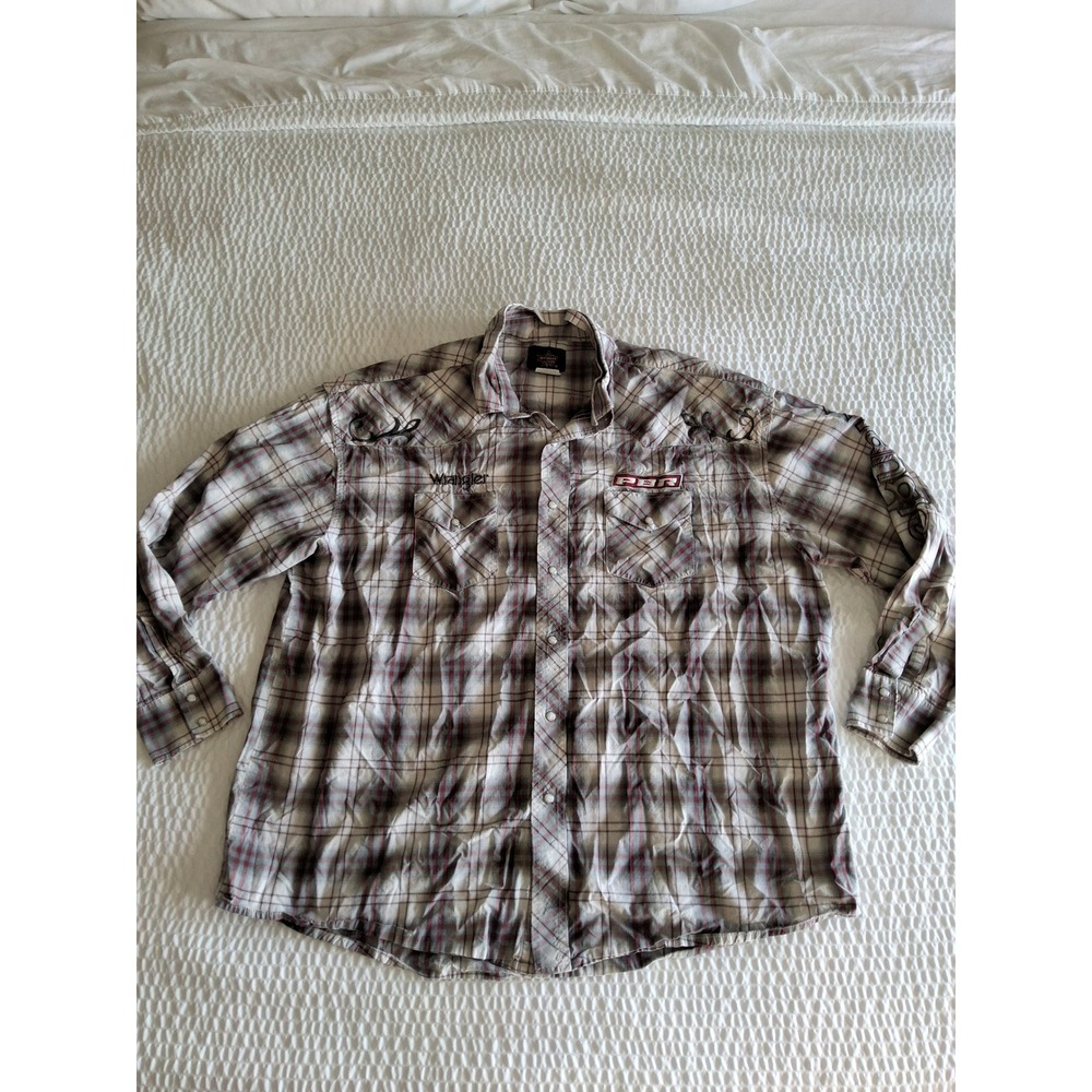 Wrangler PBR Professional Bull Riders Western Snap Shirt Grey Red Plaid XXL